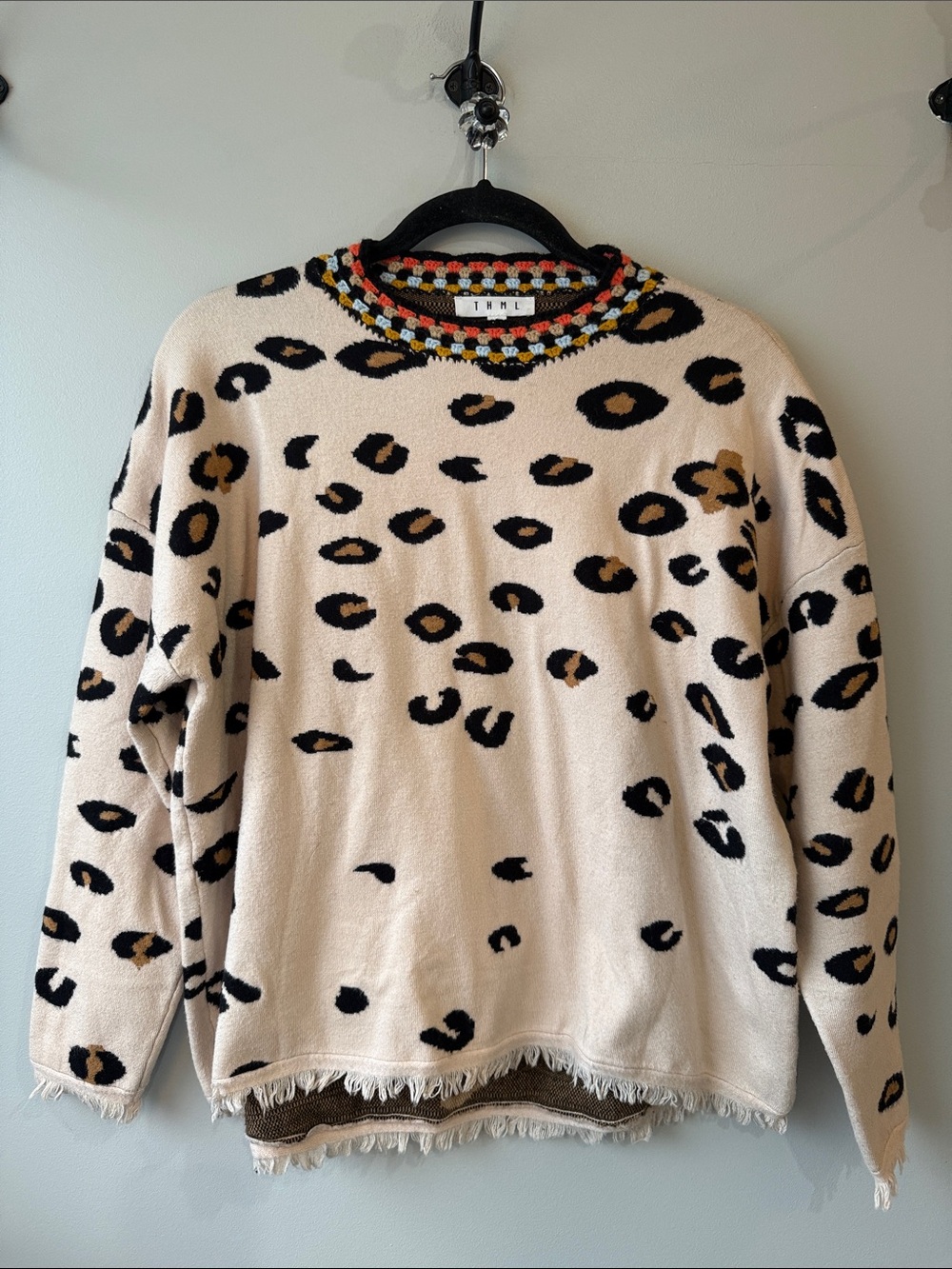 THML Cream Leopard-Print Crewneck Sweater with Crochet Multicolor Trim S